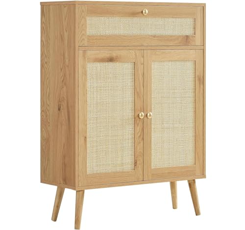 Quimoo Storage Cabinet, Rattan Cabinet with Adjustable Shelf & Large Drawer, Accent Cabinet for Entryway, Living Room, Natural