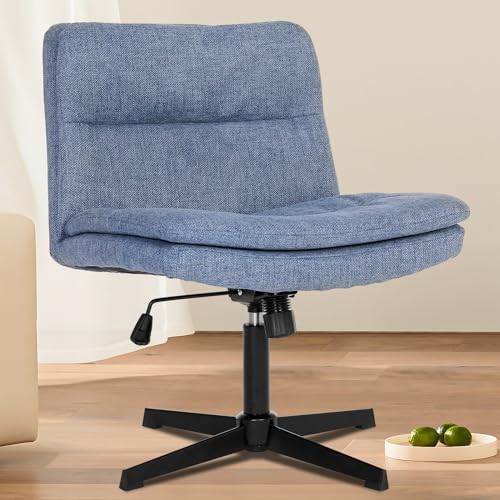 armless criss cross legged chair no Wheels comfy cute modern wide chairs for office computer desk vanity makeup, breathable fabric, Blue