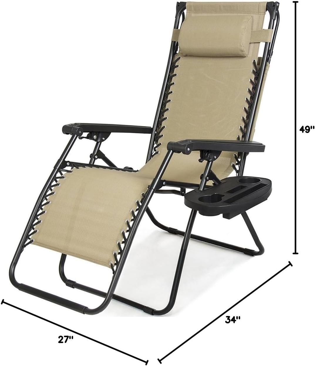 Zero Gravity Chair Outdoor Patio Porch Recliner Seats Comfortable Adjustable Padded Headrests Durable Textilene Fabric Backrest w/Sunshade Canopy & Cup Holder Tray - Beige #1939