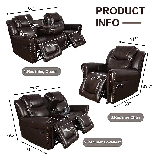 Manual Leather Recliner Sofa Set,Living Room Furniture Set, Leather Couch Set with Storage Console & Cup Holder for Living Room/Apartment(Sofa+Loveseat,2 Pieces Leather Sofa Set) Brown