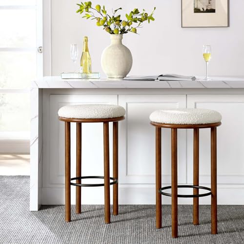 Modway Fable 30 Inch Backless Wood Bar Stools Set of 2 in Oak Ivory - Upholstered Padded Boucle Round Barstool - 2Pc Bar Height Stools with Footrest