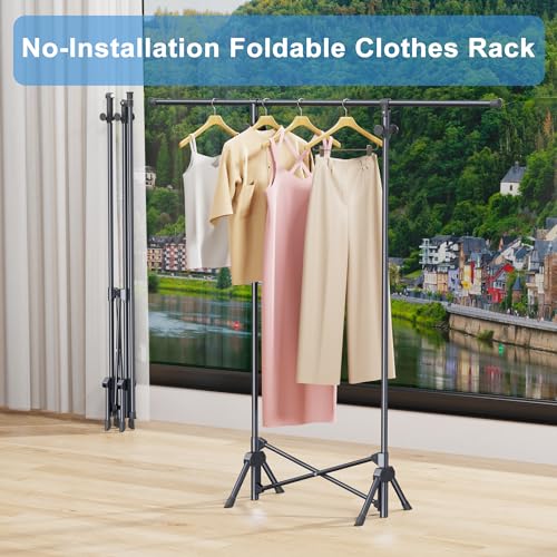 No Installation Clothes Rack,Portable Folding Carbon Steel Garment Rack - Versatile Heavy Duty Coat Rack with 4 hooks for Indoor and Outdoor Use - great for Home, Camping,Travel (White)