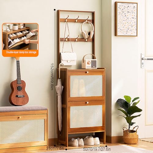 Shoe Cabinet with Flip Drawers Multi-Functional Narrow Hidden Slim Shoe Rack Organizer Free Standing Bamboo Shoe Shelf Coat Rack for Closet Hallway Bedroom Entryway,A-50 * 17 * 186cm