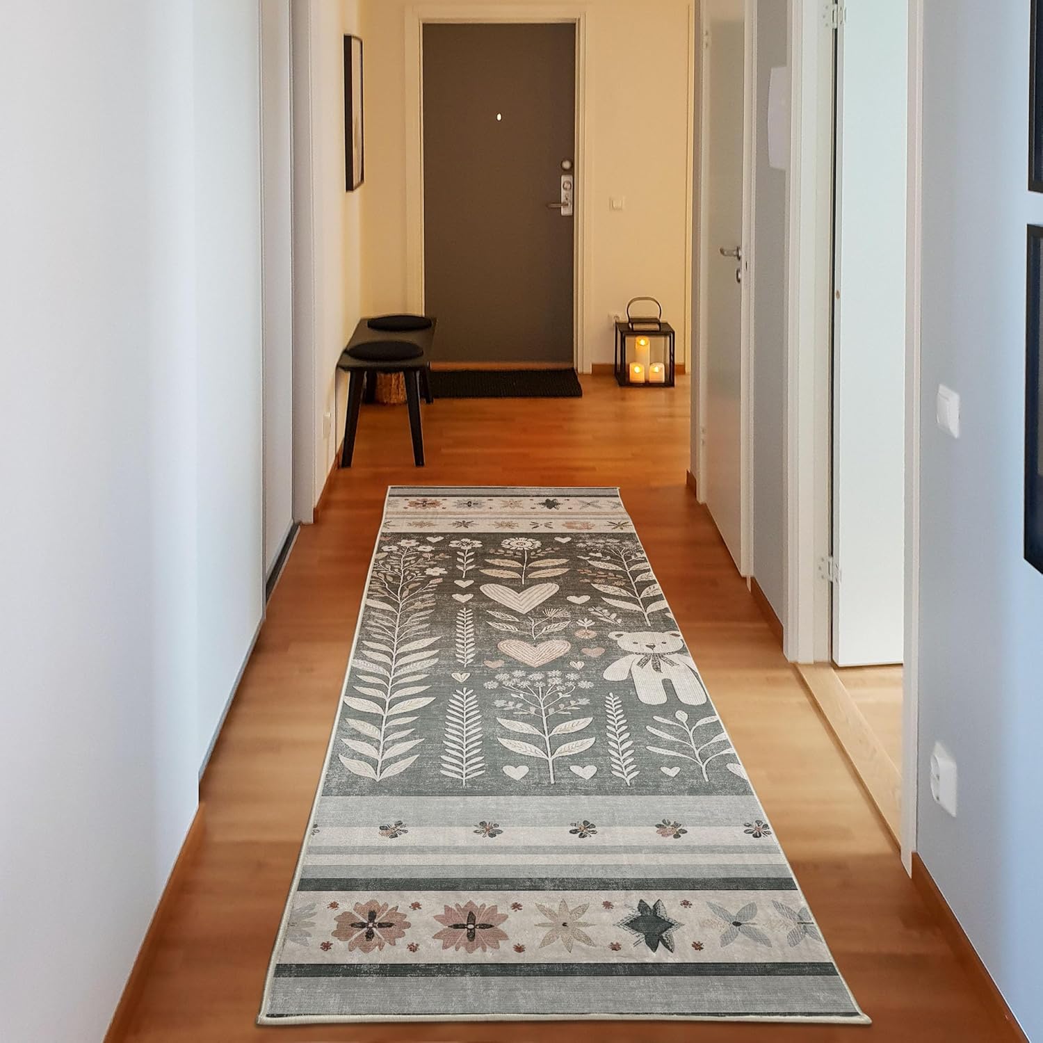 Ambesonne Neutral Decorative Rug, Cartoonish Bears Nordic Scandi Themed Leaves Botanical Hearts Minimal Tones, Quality Carpet Bedroom Dorm and Living Room, 2' 5