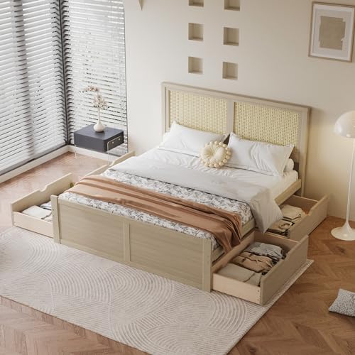 Full Size Platform Bed with Rattan Headboard, Wood Bed Frame with 4 Storage Drawers, for Bedroom, Nature