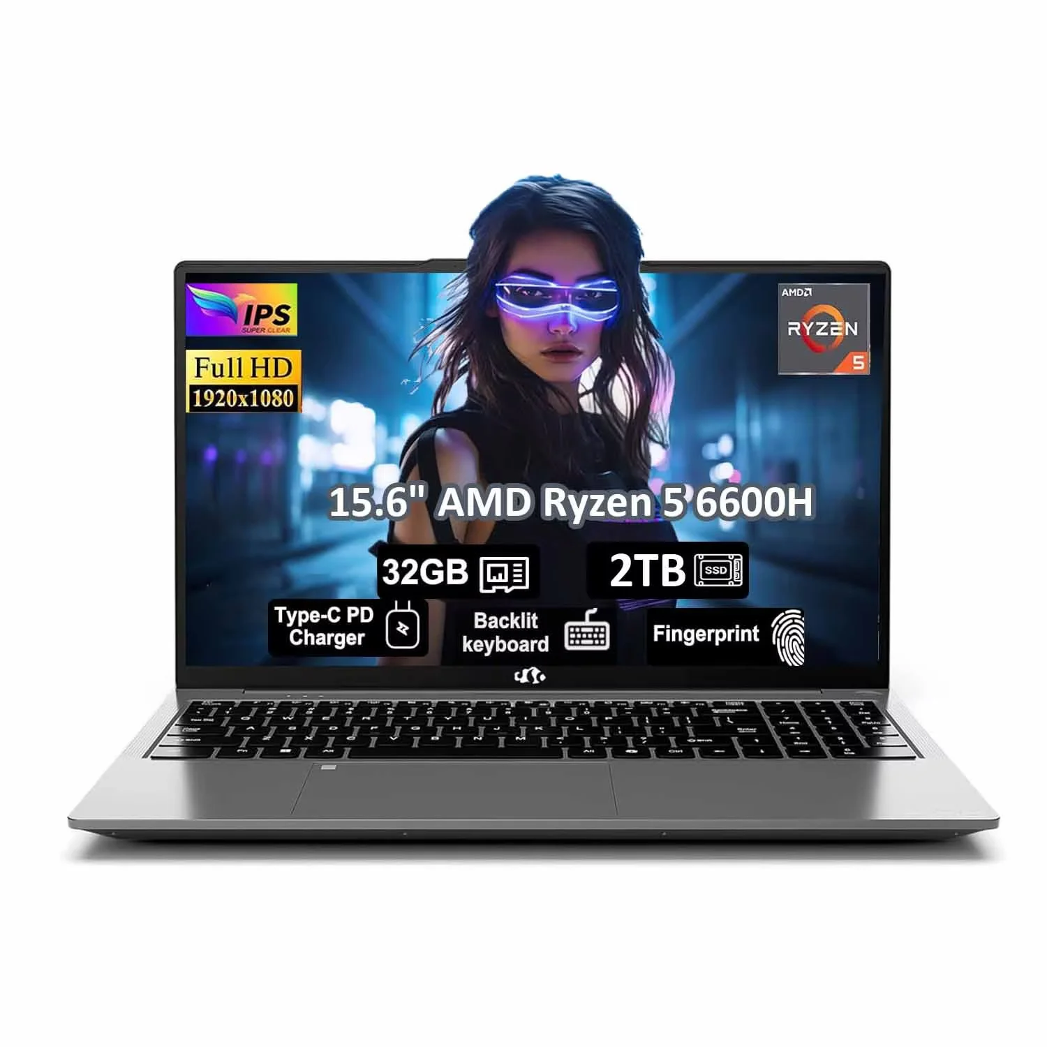 15.6" IPS FHD Laptop, AMD Ryzen 5 6600H 6-Cores 660M GPU 32GB DDR5 RAM 2TB SSD(Beat i7-1165G7, Up to 4.5GHz) Fingerprint Backlit Keyboard Computer with 100W GaN Type C