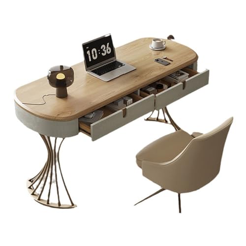 Compuer Desk Solid Wood Desk Living Room Study Office Desk High-Grade Ash Wood Modern Simple Light Luxury Household Pc Table Writing Desk PC Desk(Yellow+Chairs,1.6 * 0.6 * 0.75m)