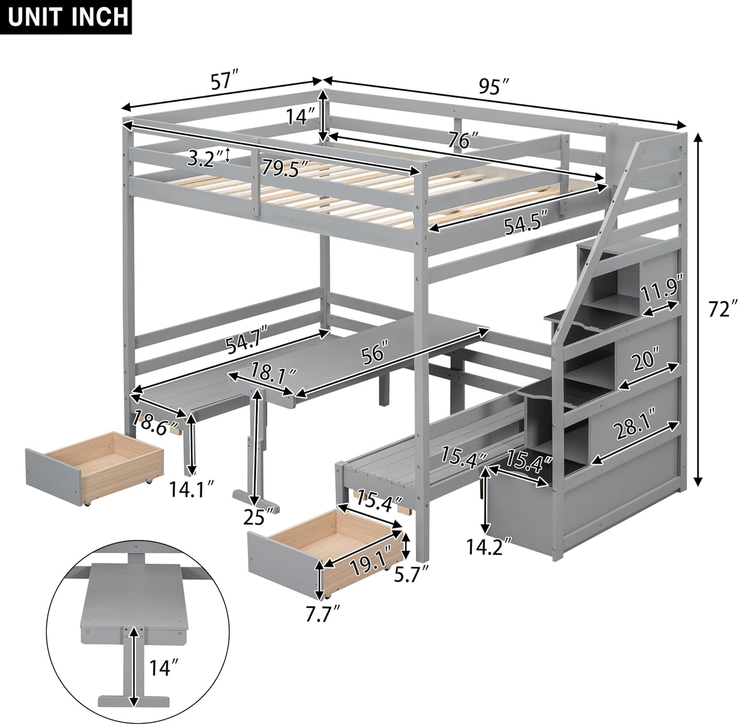 Stairs and Storage Drawers, Size Loft Desk, Wooden Full Bunk Bottom Bed Can Be Convertible to Seats and Table Set for Kids Teens Adults, Gray