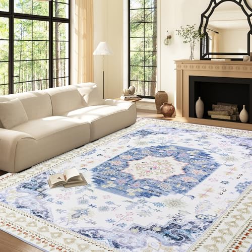 HOMBYS Traditional Boho Area Rug for Living Room Bedroom 8x10 ft, Large Floor Carpet with Non-Slip Backing for Indoor Office Dining Room, Home Deco Non-Shedding, Machine Washable, Blue