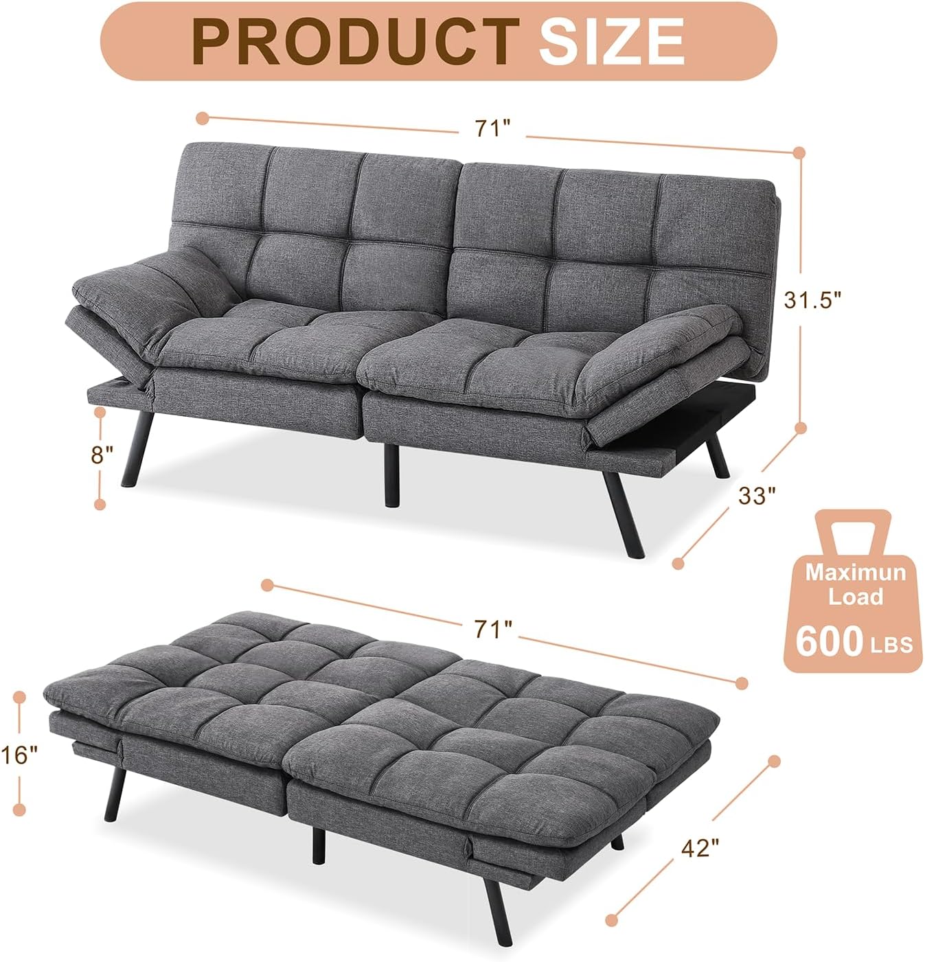 MUUEGM Futon Bed Couch Convertible Memory Foam Sleeper Daybed,Modern Love Seat for Living Room,Compact Space,Office,Apartment,Adjustable Arm Back,71''x33''x31.5' Sofas, Dark Grey