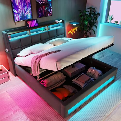 Merax Queen Size Upholstered Wooden Platform Bed Frame with Hydraulic Storage System,LED and Soft Storage Headboard,USB Charging