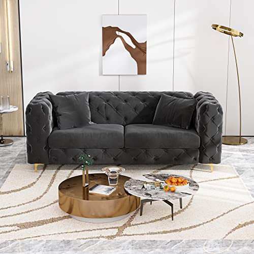 OUYESSIR Modern Velvet Sofa for Living Room, 75 Inches Long Tufted Couch, Upholstered Sofa with 2 Pillows Wide Armrest and Metal Legs for Living Room Bedroom Office (Orange)