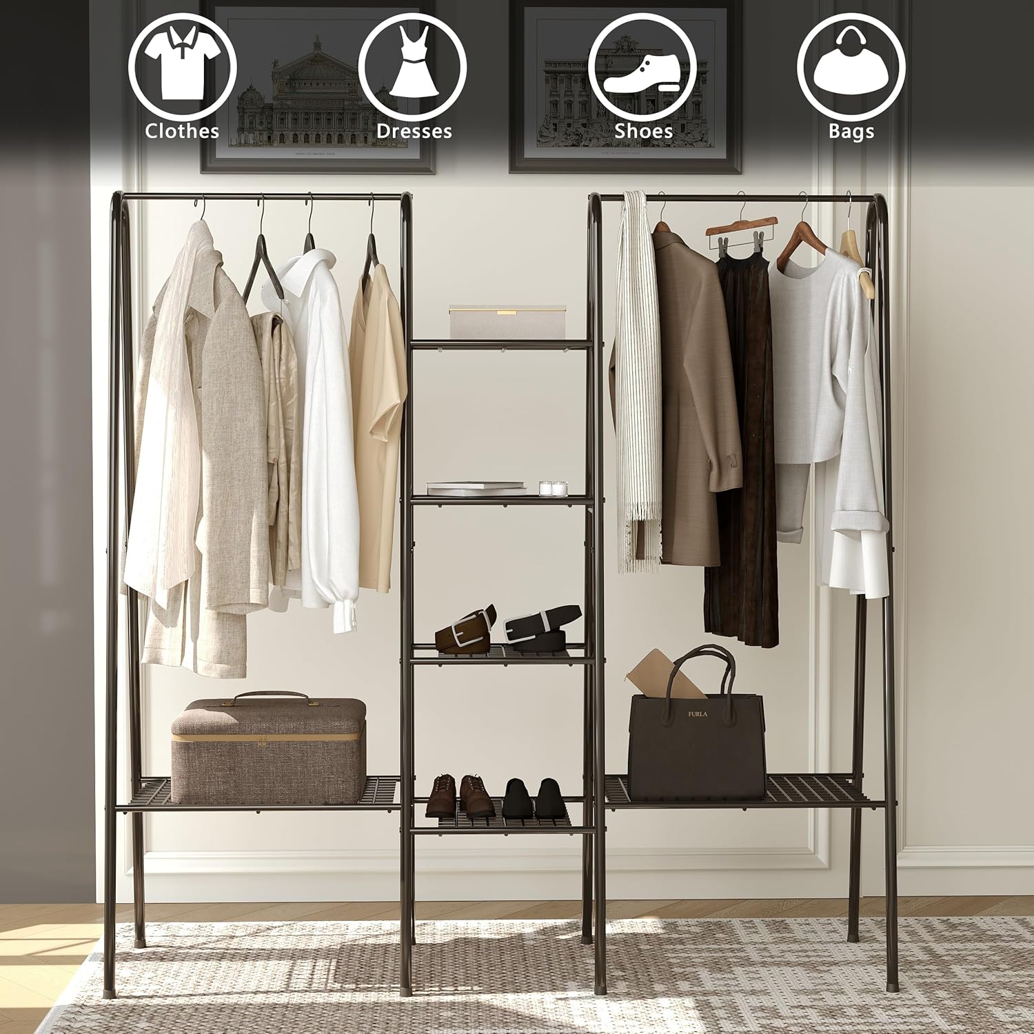 Clothes Rack Heavy Duty with 6-Tier Shelves, Freestanding Closet Organizer, 60”L Clothing Rack for Hanging Clothes, Metal Closet with 2 Hanger Rods, Garment Rack for Bedroom, Laundry Room, Black