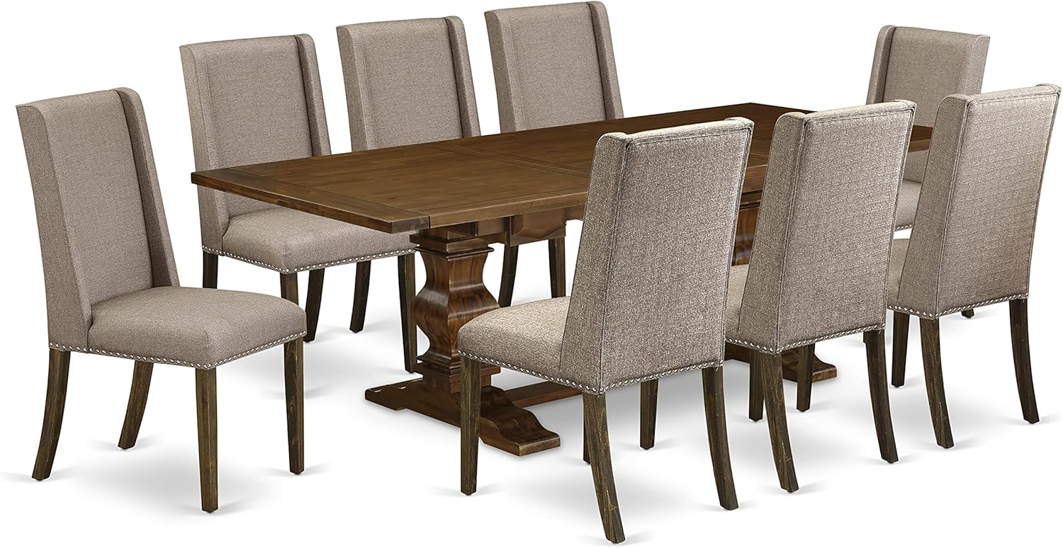 East West Furniture LAFL9-87-16 9 Piece Dining Table Set Includes a Rectangle Dining Room Table with Butterfly Leaf and 8 Dark Khaki Linen Fabric Parsons Chairs, 42x92 Inch, Walnut