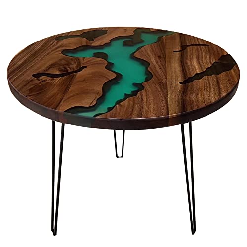 Modern Round Coffee Table with Blue Epoxy Home Furniture Household Essential Coffee Table Sturdy Wooden, Resin Console Table Accent Piece for Your Living Room and Office