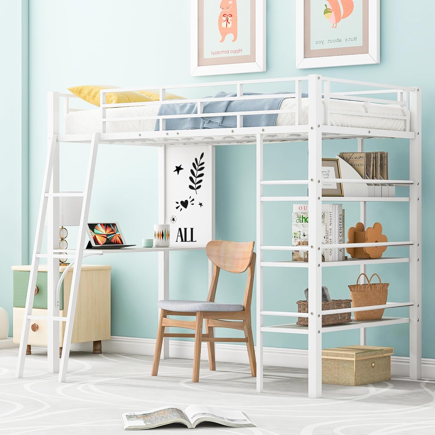 Twin Size Loft Bed Metal with Desk and Storage Shelves, with 3 Layers, Space Saving with Underneath and Whiteboard, High Loft Bed for Junior & Teens