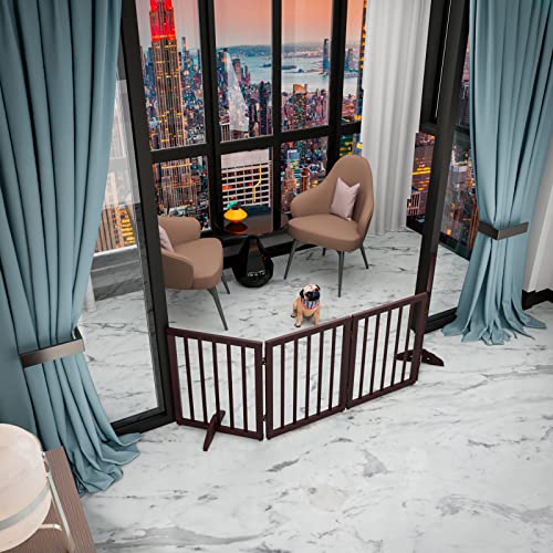 Freestanding Pet Gate Foldable Dog Gate (74 inches Wide) Walnut Bamboo Dog Gates for Stair Doorways House Dog Fences Indoor (2 Support Feet Included)