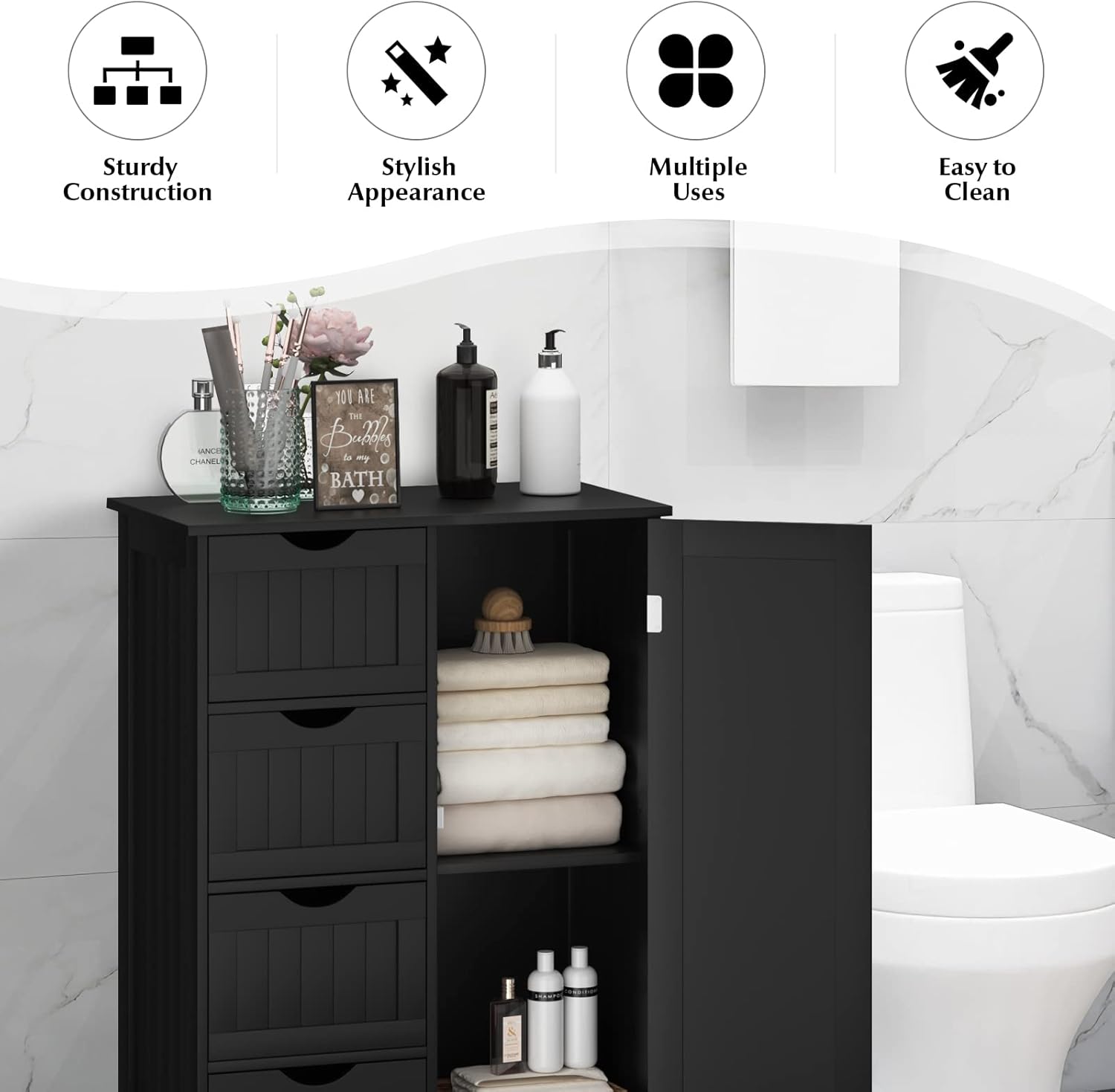 Bathroom Floor Cabinet, Freestanding Storage Organizer Unit with Adjustable Shelf, 1 Doors and 4 Drawers, Wooden Freestanding Cupboard for Entryway Kitchen Living Room (Black)