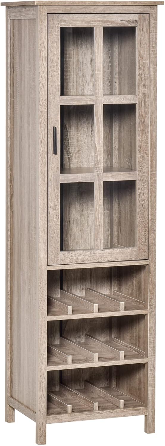 HOMCOM Tall Wine Cabinet, Bar Display Cupboard with 12-Bottle Wine Rack, Glass Door and 3 Storage Compartment for Living Room, Home Bar, Dining Room, Grey Oak