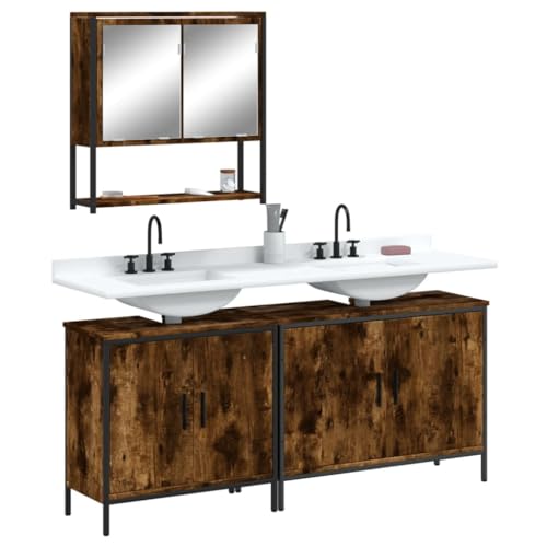 3 Piece Bathroom Furniture Set Smoked Oak Engineered Wood,Functional Bathroom Furniture Set with Ample Storage Space and WallMounted Mirror Cabinet Smoked Oak Bathroom Furniture, Bathroom Sets