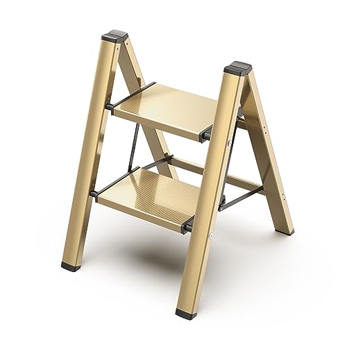 3 Step Ladder, Folding Step Stool with Aluminum Wide Pedal& Convenient Handgrip, 330lbs Capacity Steel Ladder for Household and Office (Black & Woodgrain)