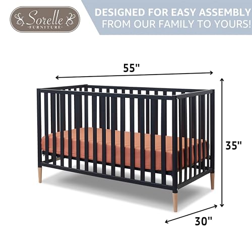 Sorelle Furniture Mia Crib Classic 3-in-1 Convertible Crib, Made of Sustainable Beech Wood, Wooden Baby Bed, Toddler and Child’s Daybed, with Removable Feet, Simplistic Nursery Furniture (Midnight)