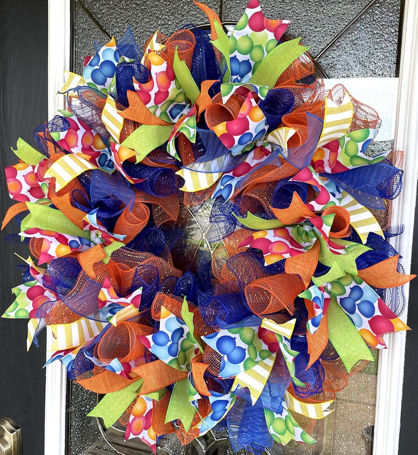 Happy Birthday Balloon Primary Color Party Deco Mesh Front Door Wreath Home Holiday Decor Fun Festive Summer Decor Indoor Outdoor