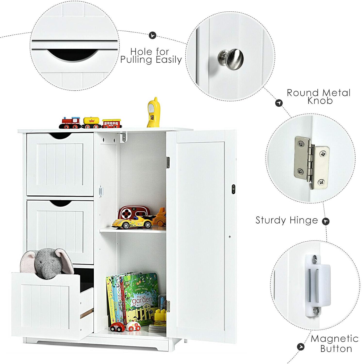 Elegant Design Multifunction Freestanding Bathroom Floor Cupboard Cabinet Storage Organize with 3 Drawer Adjustable Sturdy Durable for Toilet, Living Room, Bedroom, Corridor, Office White