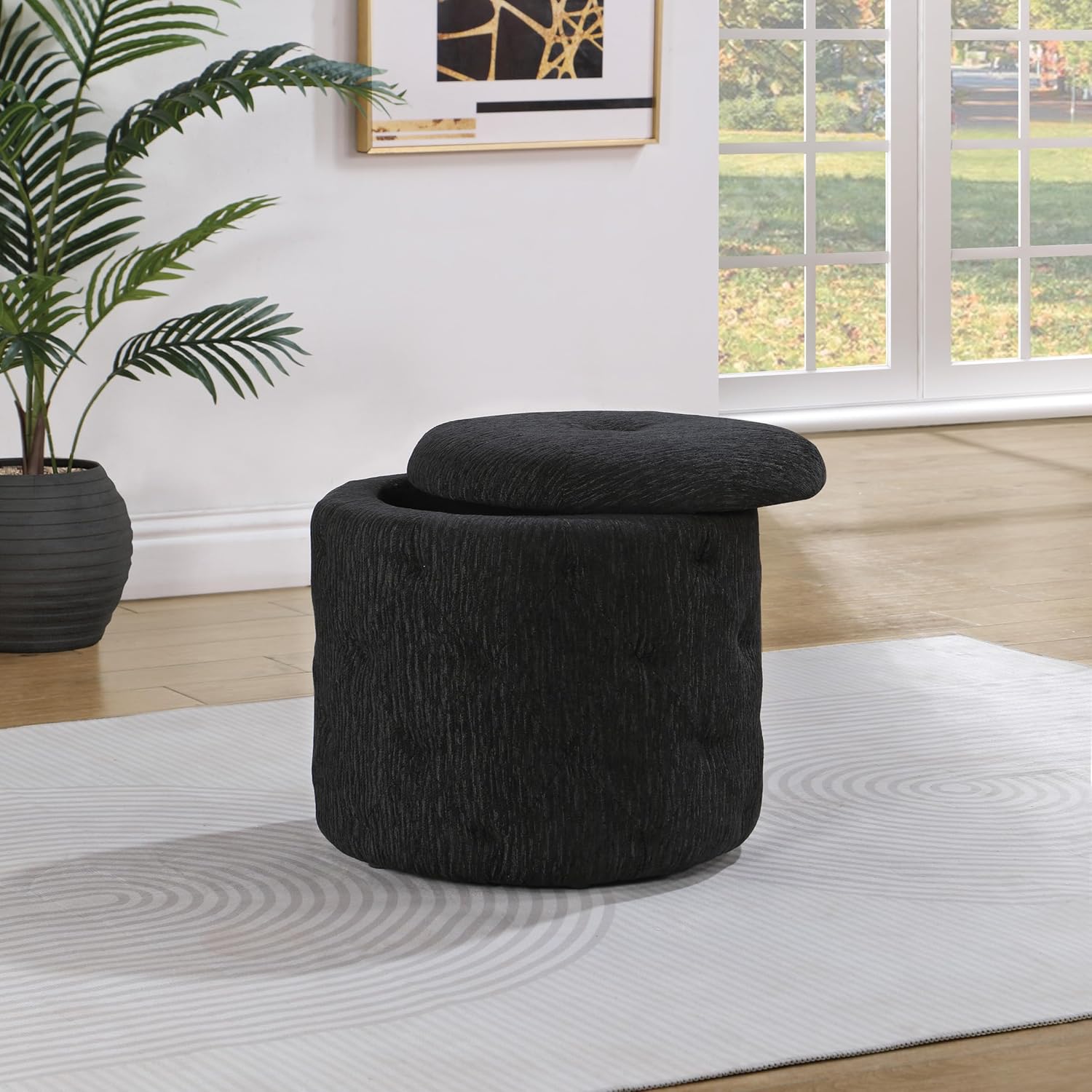 OSP Home Furnishings Erindale Round Storage Ottoman, Onyx Fabric