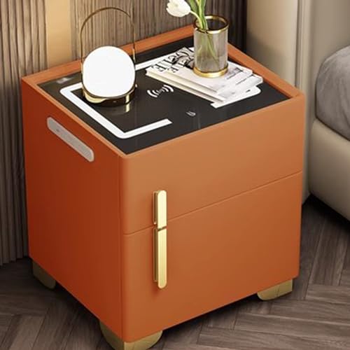 Smart Nightstand with Hidden Safe, Bedside Table with Charging Station & USB/Type-C Ports, LED Night Stand Adjustable Brightness, Tempered Glass Top (Color : Dark Gray, Size : 35x40x50cm)