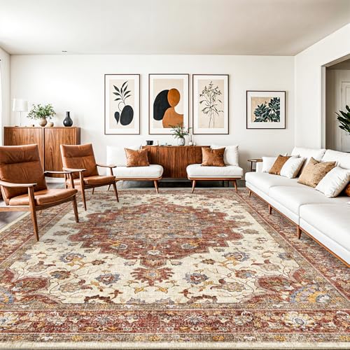 Washable Oriental Area Rug - 9x12 Rugs for Living Room Soft Carpet for Bedroom Waterproof Floral Distressed Indoor Stain Resistant Non-Shedding Floor Carpets (Green, 9x12)