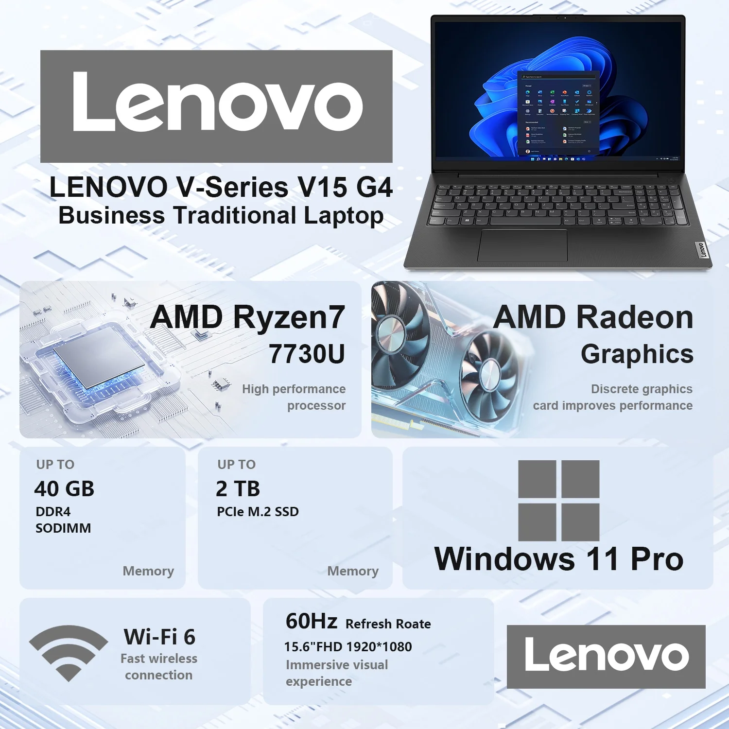 Lenovo V15 Business Laptop, 15.6" FHD, AMD Ryzen 7 7730U, 24GB RAM, 1TB SSD, Wi-Fi 6, Win 11 Pro
