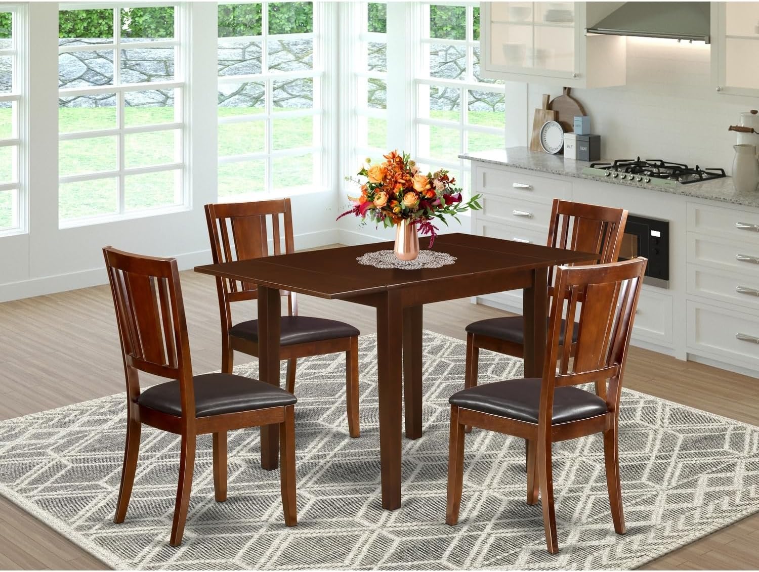 Rustic Refinement Dining Room Table Set for 5-4 Excellent Kitchen Chairs - an Attractive Wooden Table - Mahogany Color Faux Leather - Mahogany Finish Wood Structure