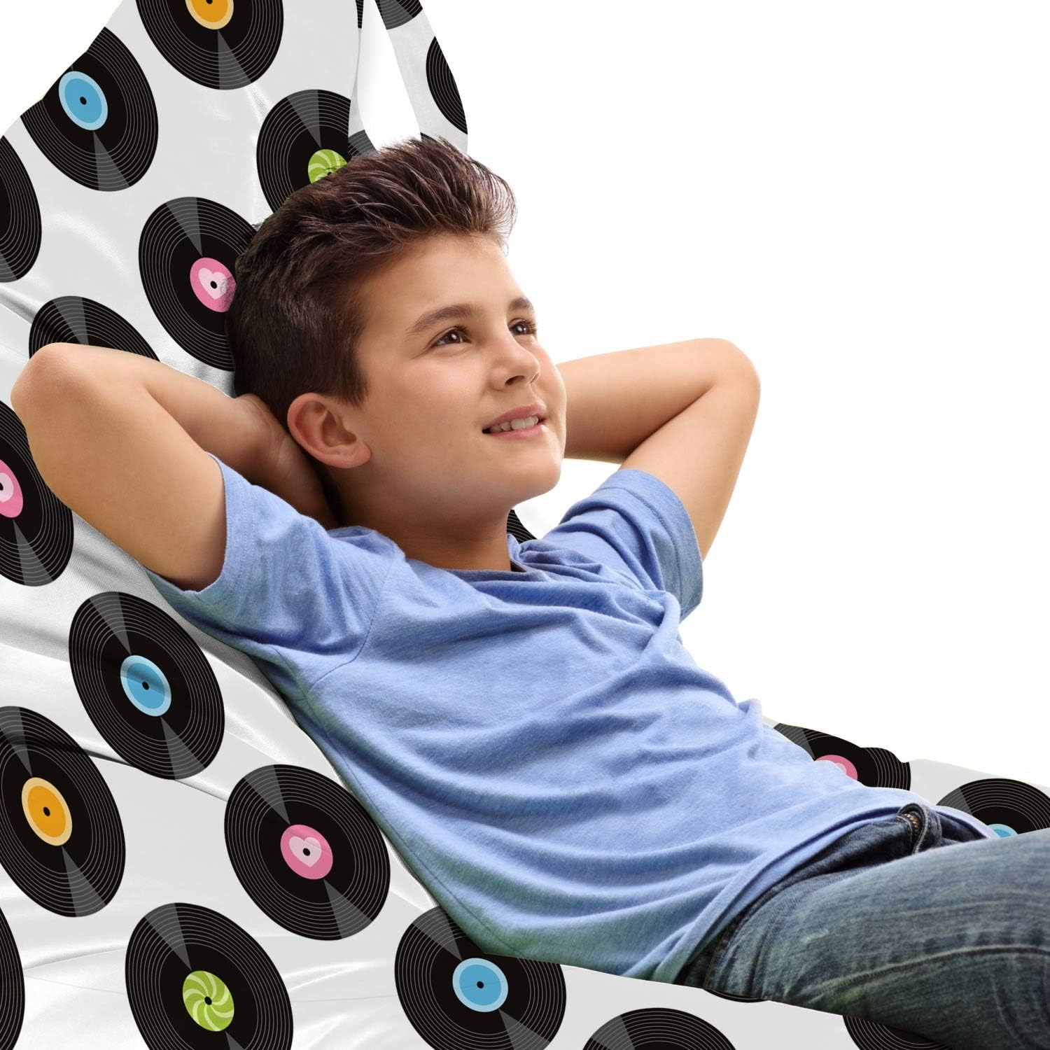 Ambesonne Music Lounger Chair Bag, Vintage Round Records Old Fashion Sound Geometric Colorful Funky Melody Mix, High Capacity Storage with Handle Container, Lounger Size, Black Blue and Pink