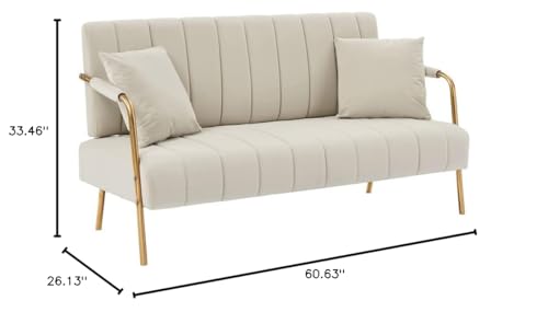 Upholstered Loveseat Sofa with Two Throw Pillows, Velvet Small Couch with Rose Golden Armrests and Legs, Accent Sofa Twin Sofa for Compact Space/Apartment/Dorm (Dark Blue + Velvet + Foam)