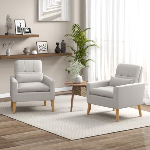 Giantex Modern Accent Chair Set of 2, Mid-century Linen Fabric Armchair w/Lumbar Pillow, Back & Seat Cushion, Comfy Single Sofa Chair with Rubber Wood Legs for Living Room, Bedroom, Reading Room