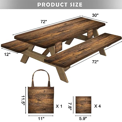 Outdoor Picnic Table Cover with Bench Covers 8Ft 3-pc Set Grey barn wooden wall planking texture hardwood dark weathered timber Elastic Extra Long Rectangular Tablecloth Camping Waterproof Wipeable