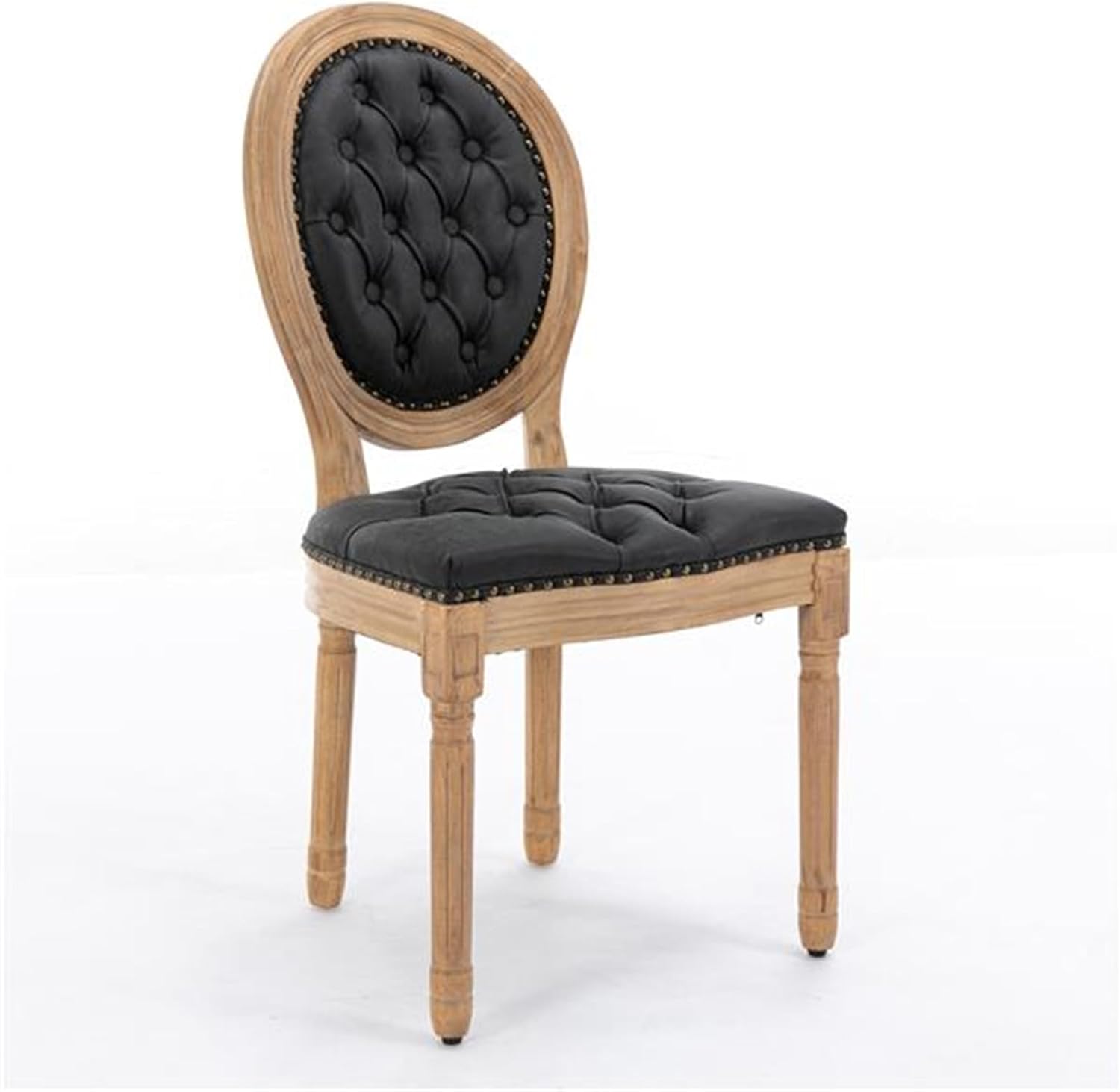 French Solid Wood Frame Antique Painting, Hand-Pull Buckle Decoration PU Imitation Leather Dining Chair, Banquet Chair with Nail Head Trim, Wooden Legs, high Back, 2-Piece Set, Black