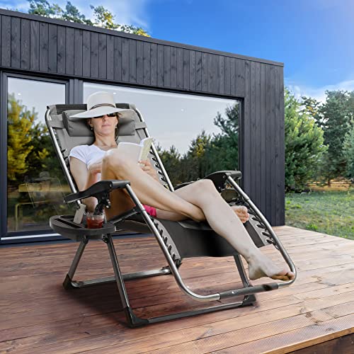 Zero Gravity Chair, Oversized Padded Zero Gravity Recliner Lounge Chair with Removable Headrest & Tray, XL Patio Lounge Chair for Lawn, Yard, Outdoor Recliner Support 450 LBS, Gray+Blue
