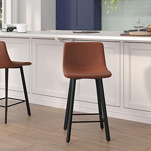 Flash Furniture Caleb Modern Commercial Barstools with Footrests - Chocolate Brown LeatherSoft -30 Inch - Black Matte Iron Frame - Armless - Set of 2