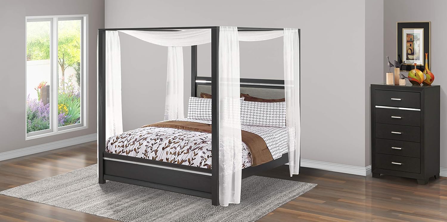 East West Furniture 2-Piece Denali Modern Wooden Bedroom Set-Adjustable LED Lighting Headboard Queen Size Bed and a Small Chest of Drawers, Brush Gray