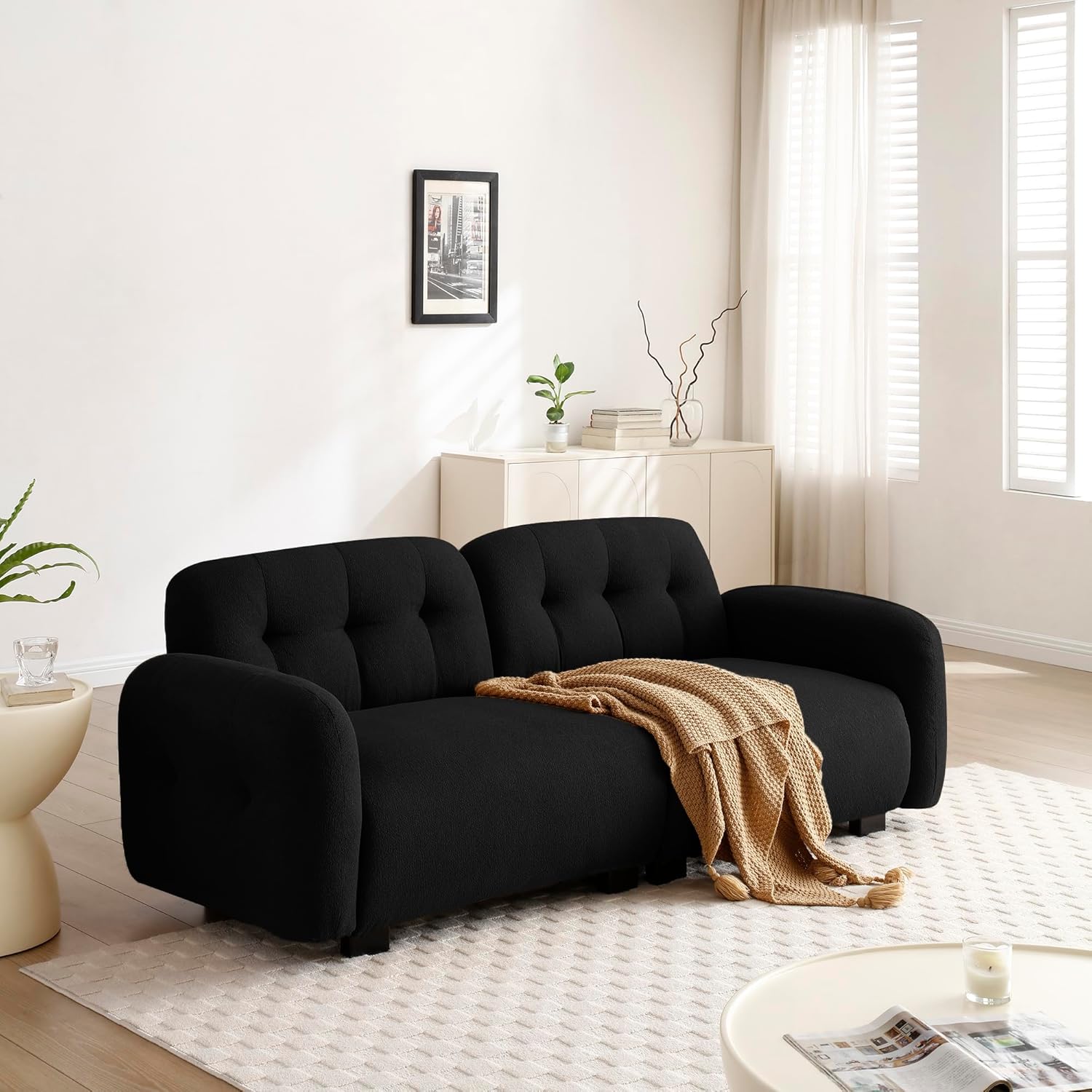 Modern 3-Seater Teddy Sofa Sectional with Wooden Legs, Upholstered Deep Seat Love Seat Sofa for Living Room, Bedroom, Apartment, Office, Black (81.48