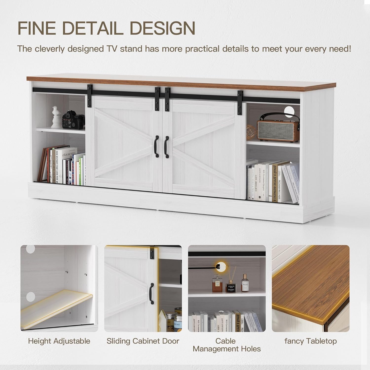 Farmhouse TV Stand for Televisions up to 75 Inchs,Entertainment Center with Sliding Barn Doors and Storage Cabinets,Modern Media TV Console Table for Living Room,Bright White