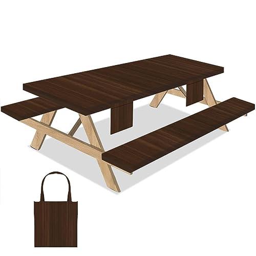 Outdoor Picnic Table Cover with Bench Covers 6Ft 3-pc Set Brown walnut timber tree wood grain structure texture backdrop Elastic Extra Long Rectangular Tablecloth Camping Waterproof Wipeable