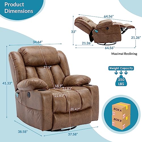 Manual 360 Degree Swivel Glider Rocker Recliner Chair with Massage and Heat, USB Ports, Side Pockets and Cup Holders (Grey)
