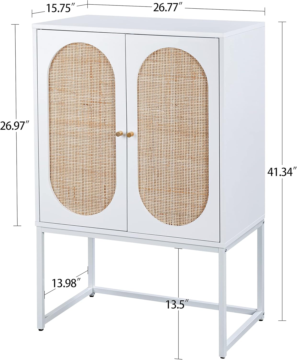 White Sideboard Buffet Accent Cabinet with Natural Rattan and 2 Magnetic Door, High Cabinet, 2-Tier Storage Cabinet with Metal Bracket, for Living Room Bedroom Dining Room (White)
