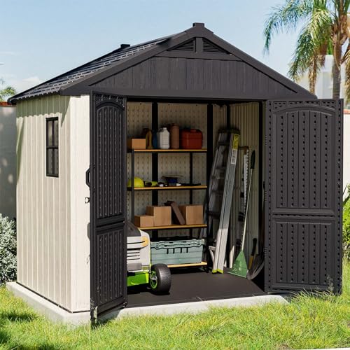 Patiowell 8' x 6' Plastic Outdoor Storage Shed with Floor, Resin Shed with Window and Lockable Door for Garden, Backyard, Tool Storage Use, Easy to Install in Gray and White (Kick-it Shed)