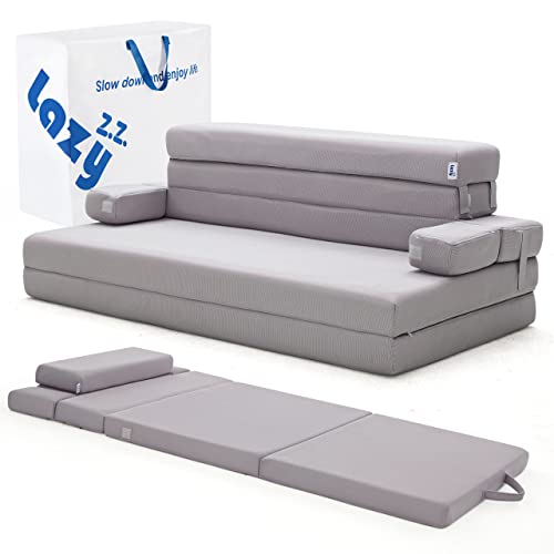 Sleep 4 Inch Foldable Mattress, Portable Floor Mattress Couch with Headrest, Washable Cover, Foldable Foam Couch Twin for Guest Bed, Folding Sofa Bed, Camping, Road Trip, Dark Grey
