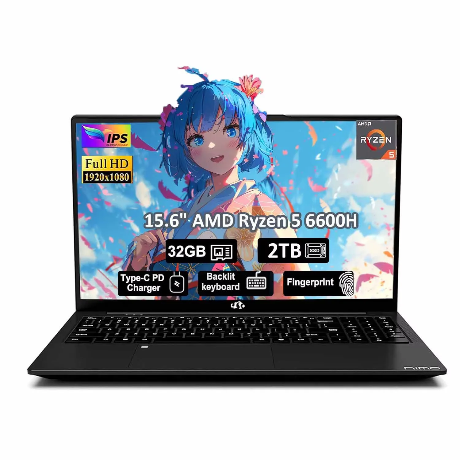 15.6" Gaming Laptop,IPS FHD Laptop AMD Ryzen 5 6600H 6-Cores 660M GPU 32GB DDR5 RAM 2TB SSD(Beat i7-1165G7, Up to 4.5GHz) Computer with 100W GaN Type C Fingerprint Backlit Keyboard Win 11