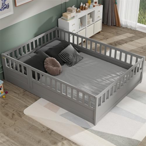 LLS Full Size Floor Bed with Slats, Wooden Montessori Floor Bed with Heightened Fence and Door for Boys Girls Bedroom, Grey